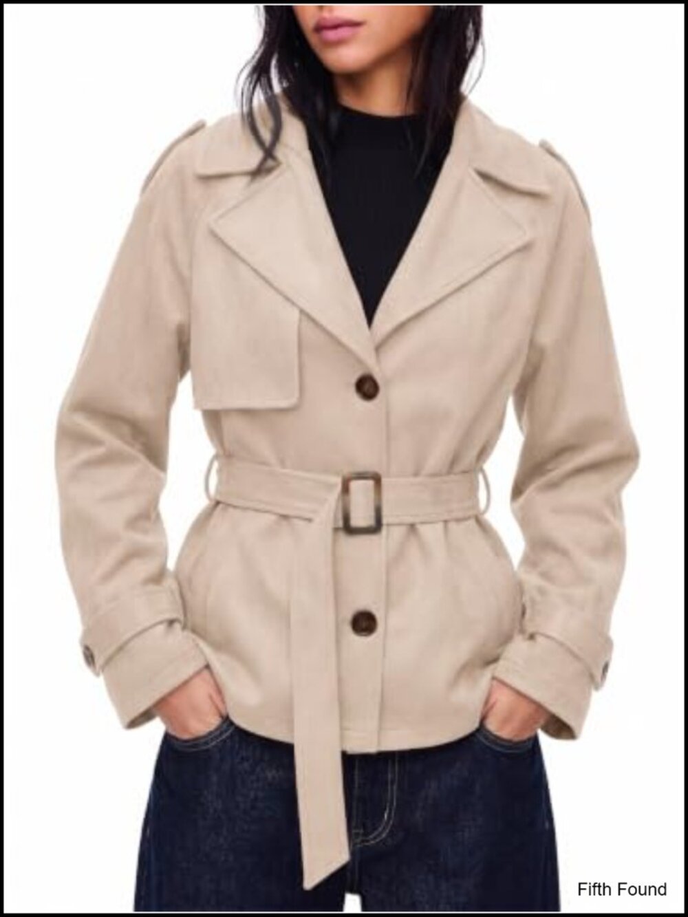 Faux Suede Jacket Short Trench Coat Belted Wrinkle Resistant